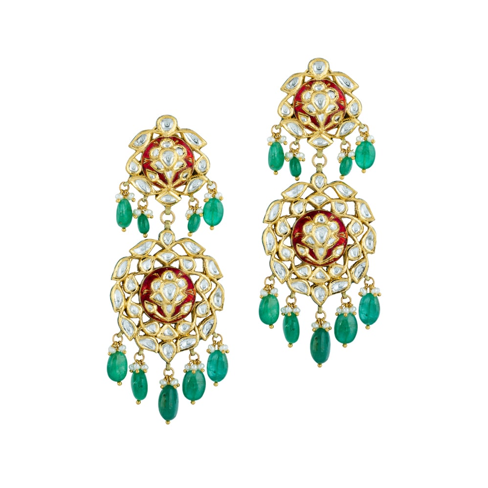 Polki Earrings with Red Enamel Base and Emerald Drops